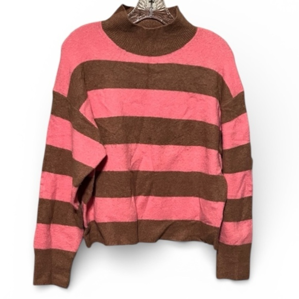 J. Crew Pink and Brown Striped mock neck Sweater extra-soft, women’s small - Picture 2 of 9